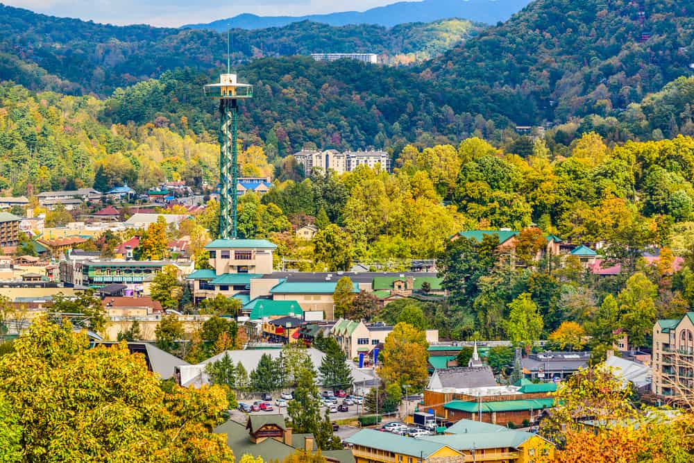 An aerial view of the town of gatlinburg, tennessee.