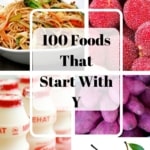 Collage of different foods that start with the letter Y: noodles, fruits, dairy drink, and root vegetables.