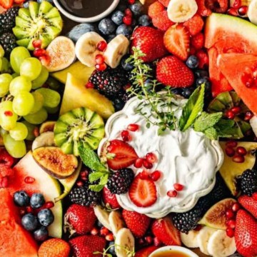A plate of fruit and berries.