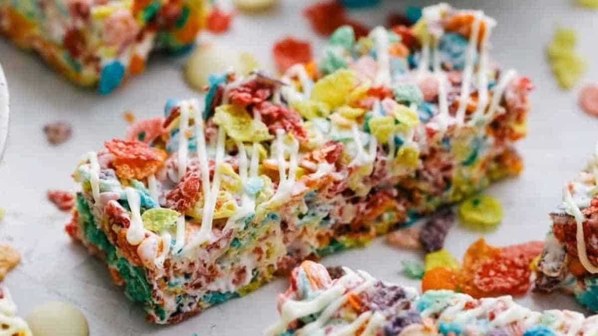 Cereal krispy bars on a white plate.