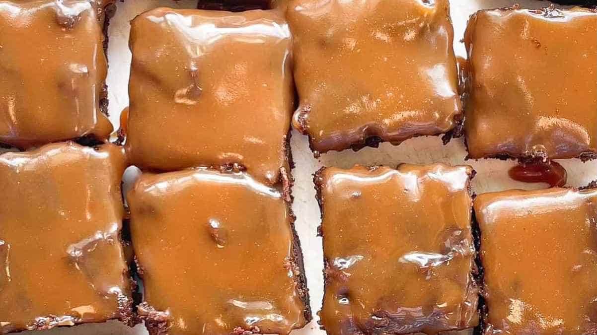 Brownies with a caramel glaze on top.