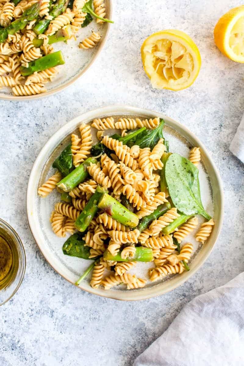 A plate of lemon asparagus pasta salad. 