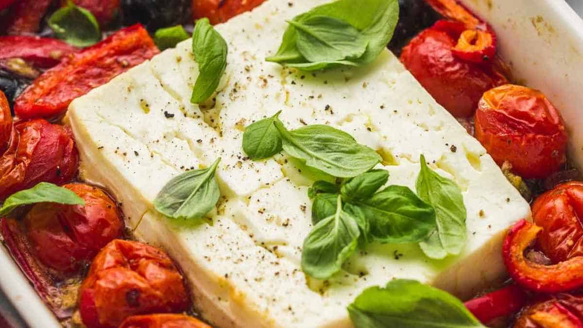 Baked feta cheese with cherry tomatoes and fresh basil.