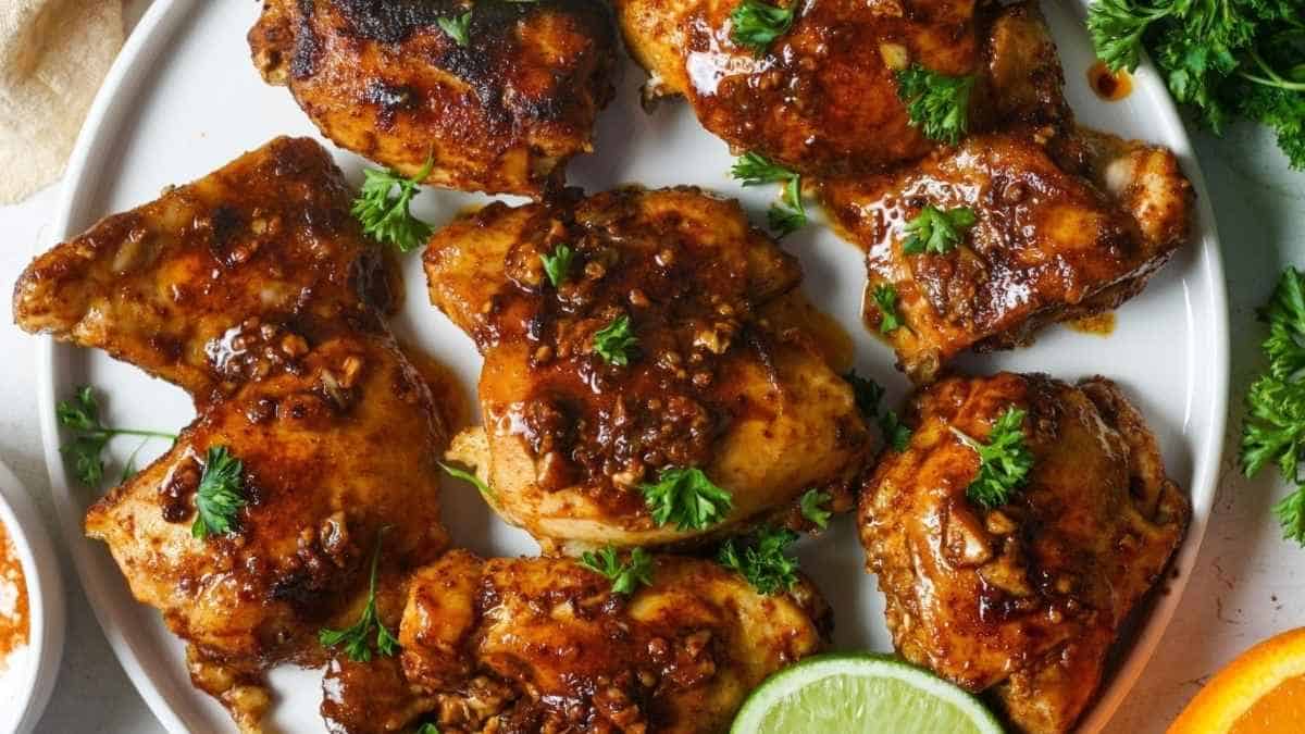 A plate of grilled chicken with oranges and parsley.