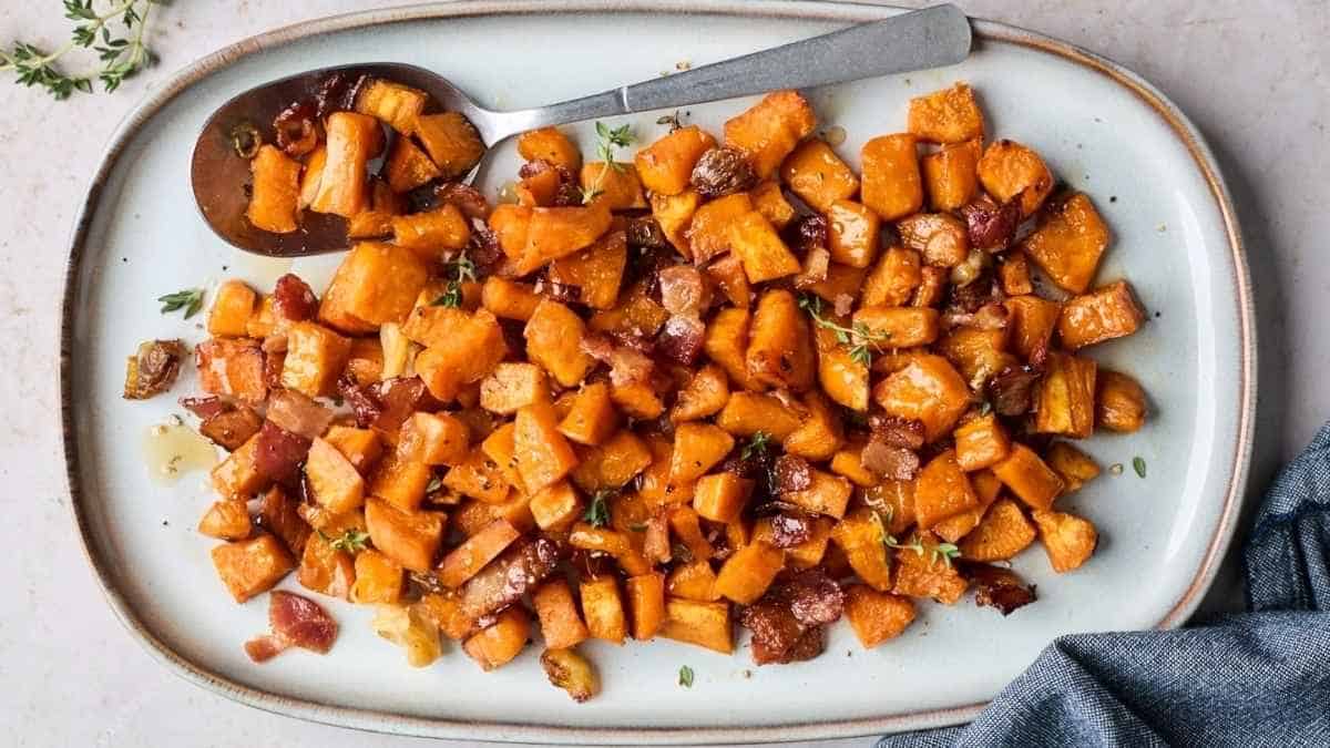 Roasted sweet potatoes with bacon and thyme.