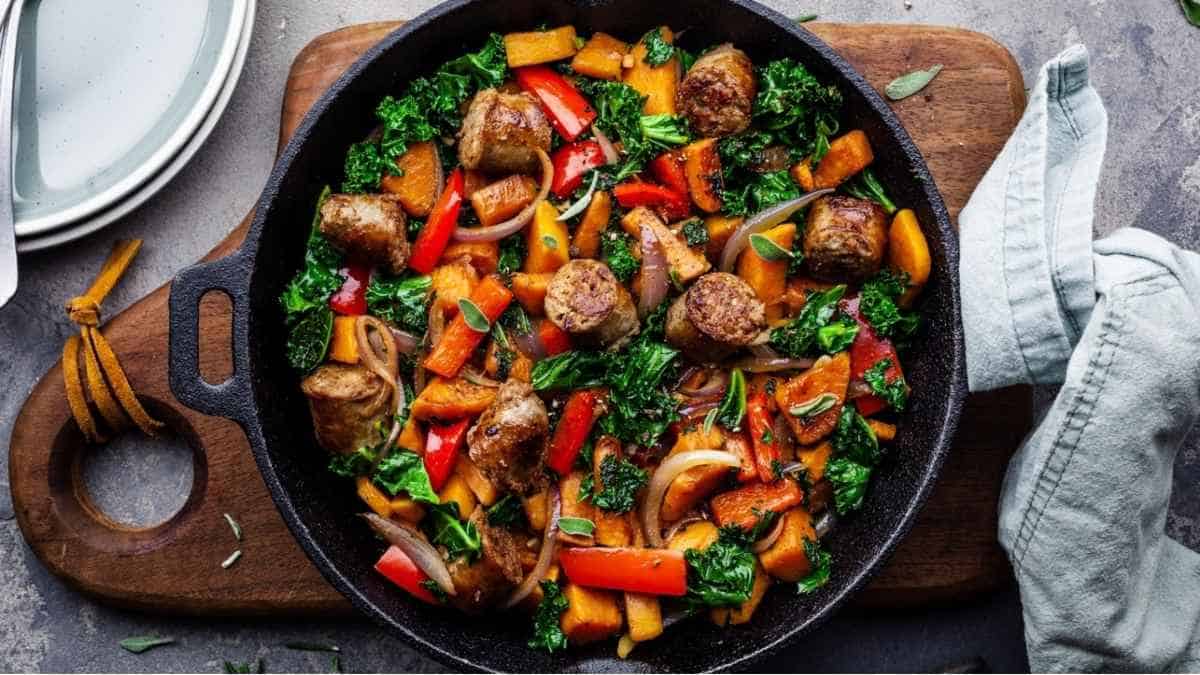 A pan of food on a cutting board.