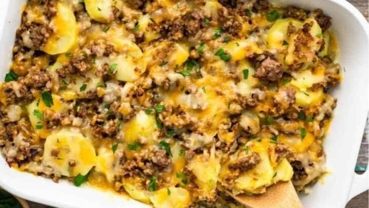 A casserole dish with meat and potatoes.