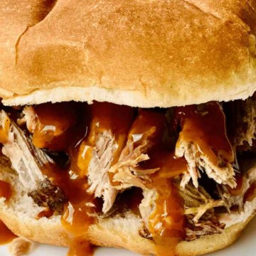A pulled pork sandwich with barbecue sauce on a white plate.