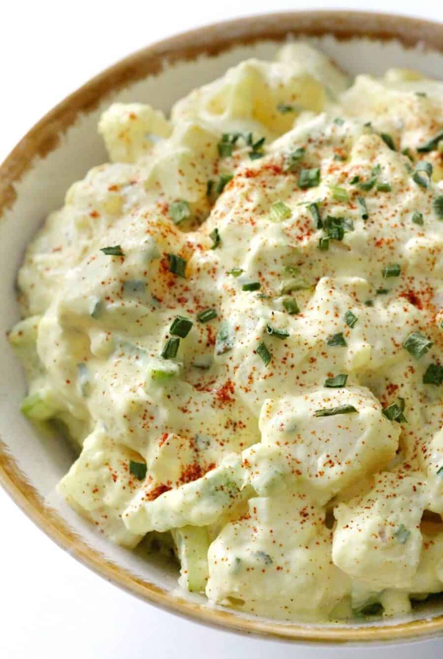close-up of vegan southern potato salad in bowl.

