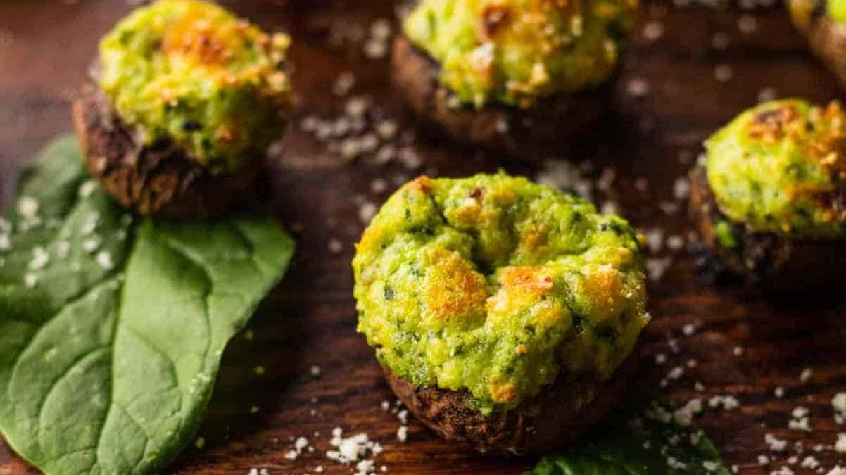 Stuffed mushrooms with a green filling on a wooden surface, garnished with coarse salt and spinach leaves.