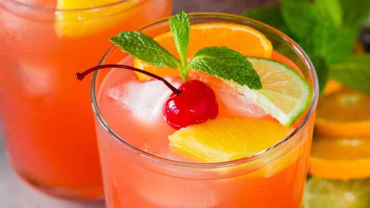 A drink with oranges, limes, and cherries.