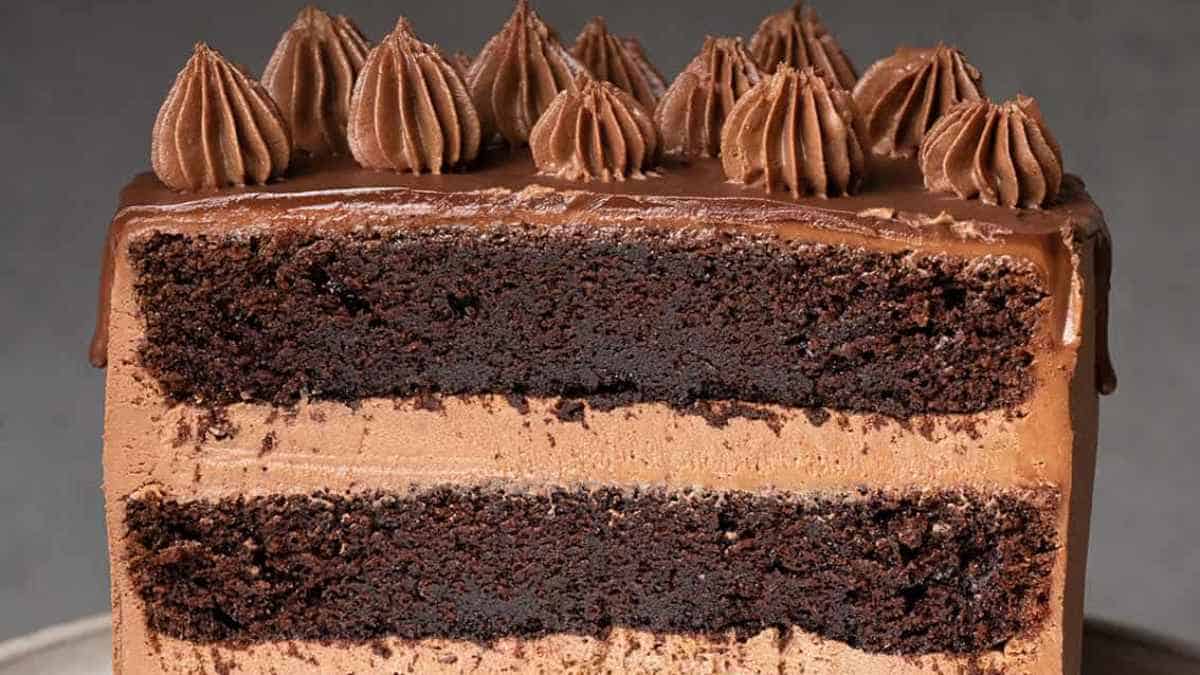 A layered chocolate cake with chocolate frosting and piped decorations on top.