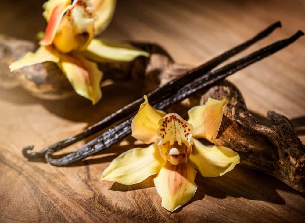 Vanilla flowers and vanilla pods on a wooden table.