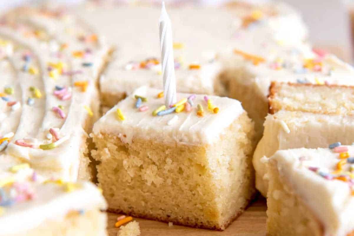 Close-up of vanilla frosted cake slices topped with colorful sprinkles, one piece featuring a lit birthday candle.