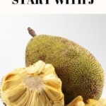 Foods that start with j" poster featuring a whole and sliced jackfruit on a white background.