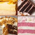 A collage of six different sheet cakes, including varieties with layers of chocolate, fruit, and frosting, each displayed individually within a grid layout. Header text reads "Sheet Cakes.