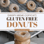 A stack of glazed gluten free doughnuts (Krispy Kreme Copycat) on a plate below a grid of donuts on a wire rack.