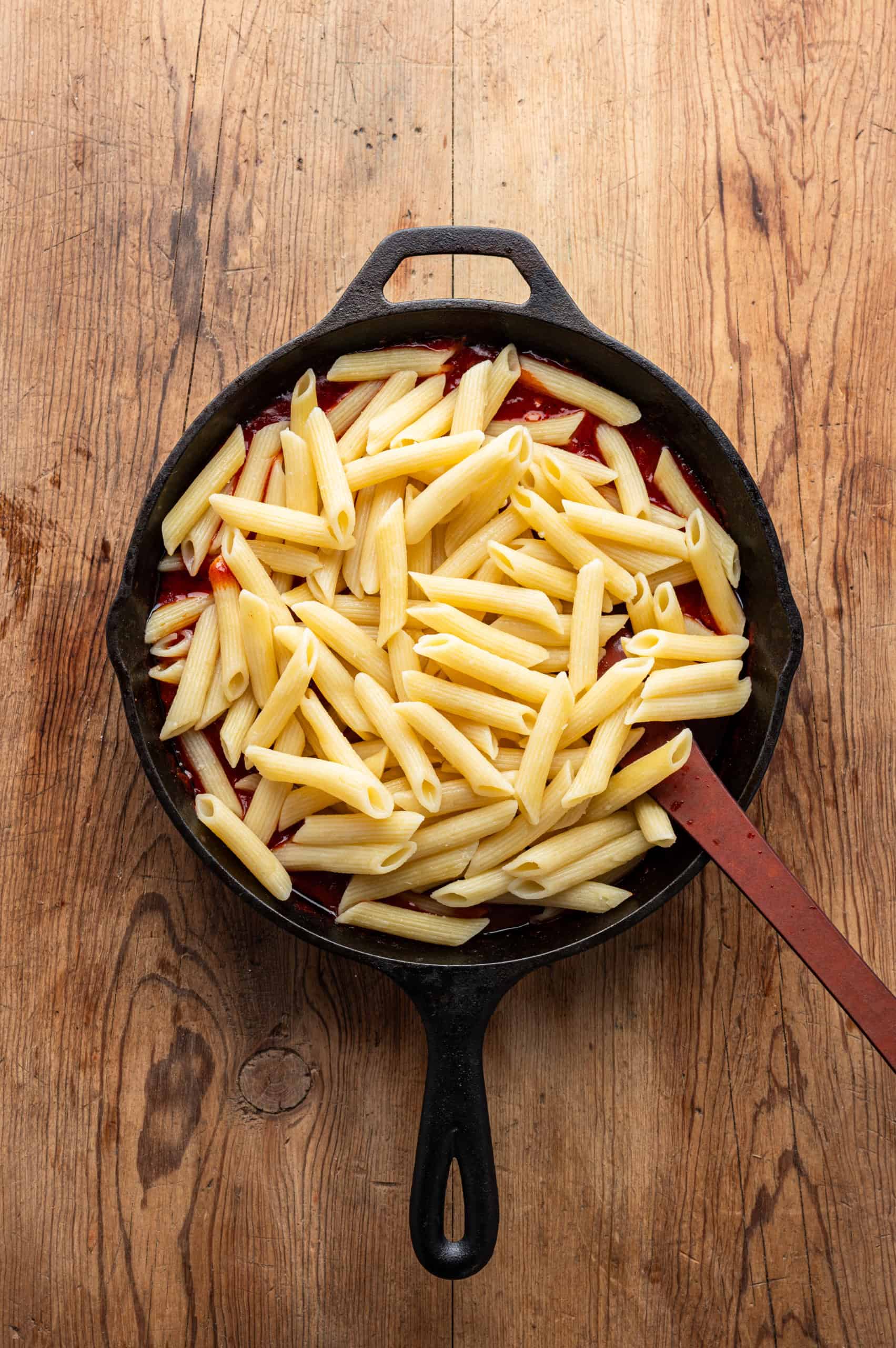 penne added to skillet