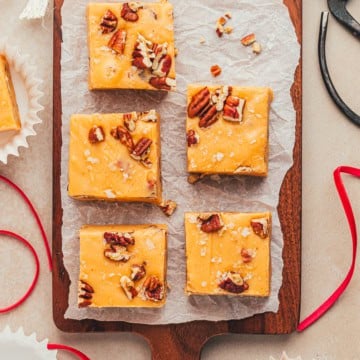 Squares of salted butterscotch pecan fudge