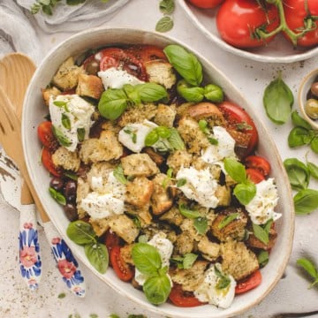 A bowl of bread and tomato salad topped with mozzarella and basil leaves on a white table, surrounded by fresh tomatoes and herbs.