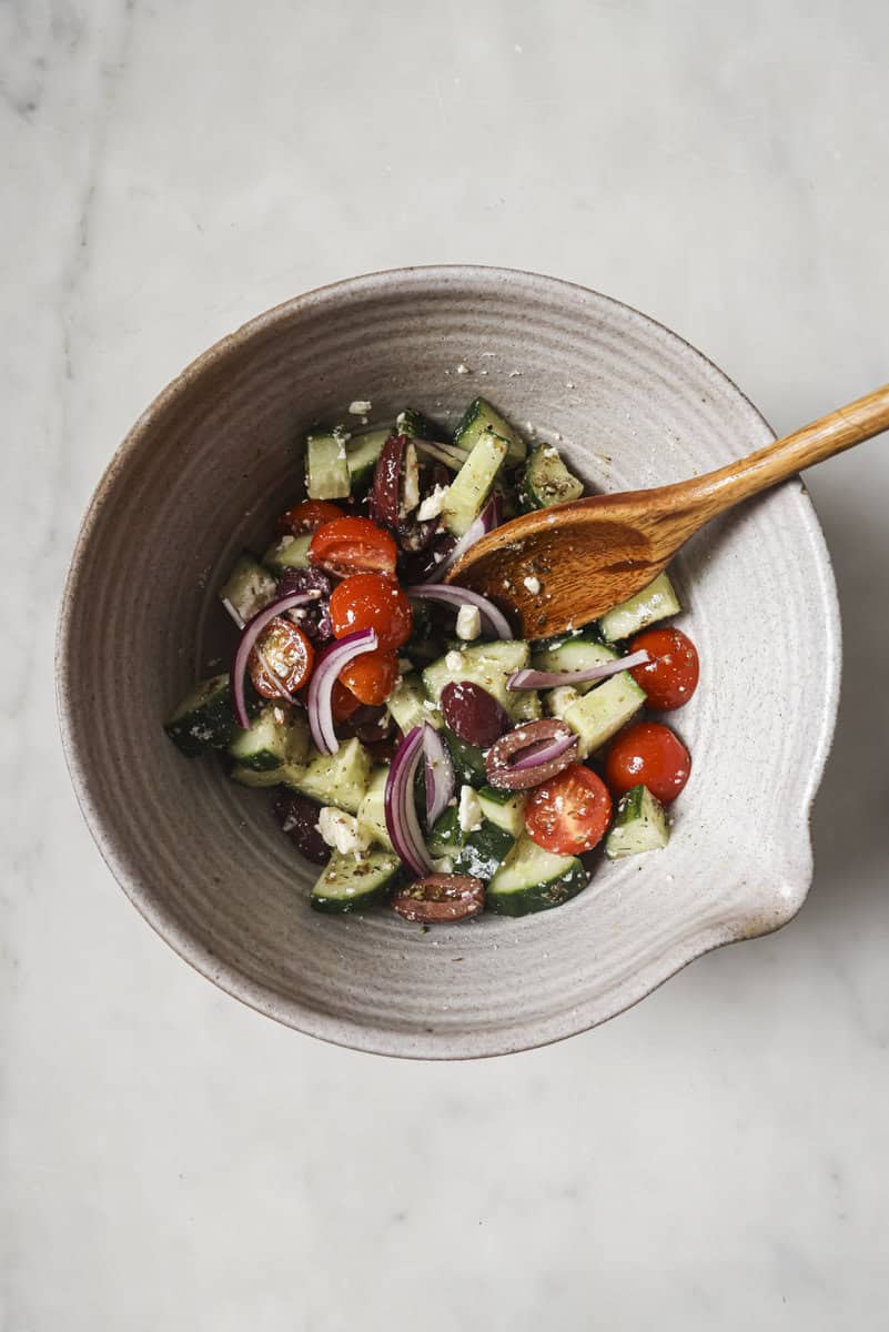 greek salad ingredients in a bowl