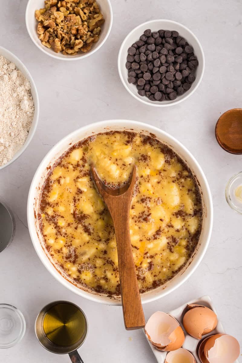 banana muffin ingredients in a mixing bowl