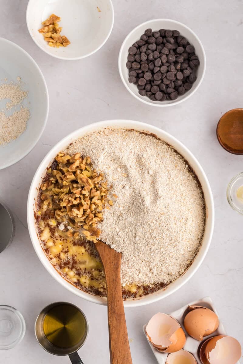 dry ingredients added to banana muffin mixture