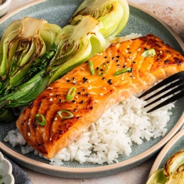 miso salmon on a plate with bok choy
