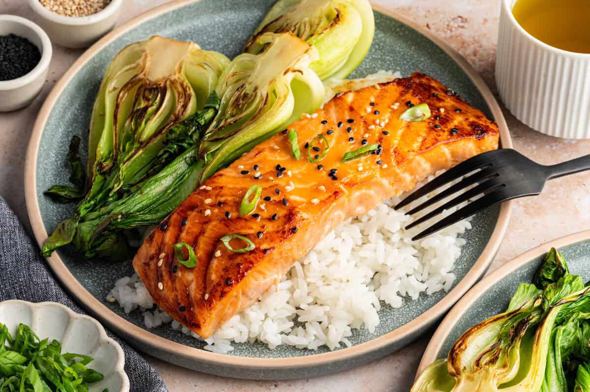 miso salmon on a plate with bok choy