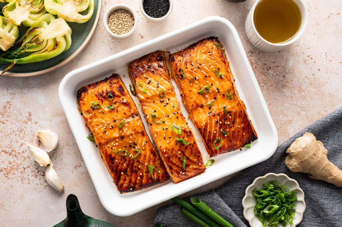 miso salmon cooked in a white pan