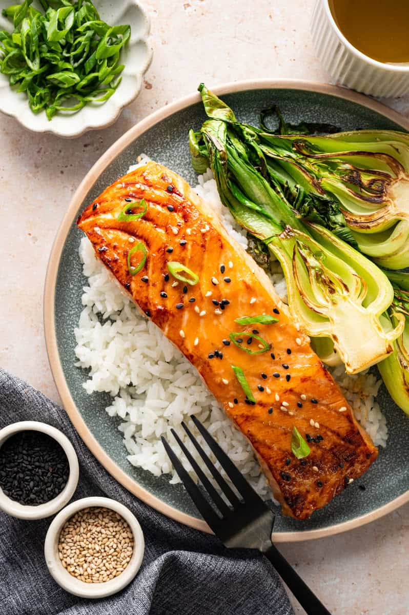 miso salmon on a plate with bok choy
