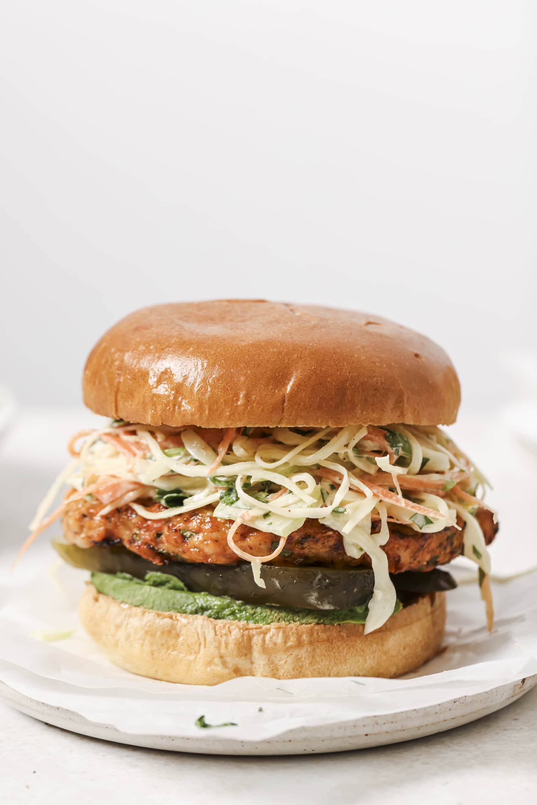 air fryer chicken burger with slaw and pickles
