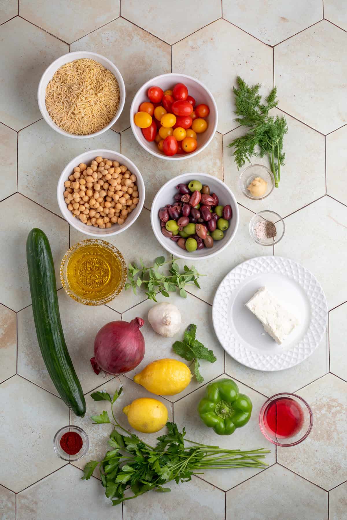 ingredients for orzo pasta salad