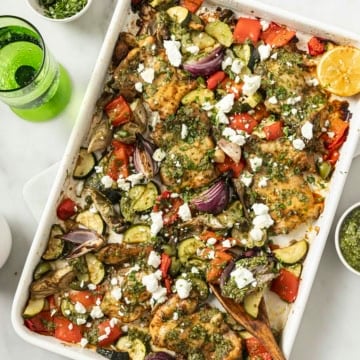 greek sheetpan chicken with vegetables and dressing