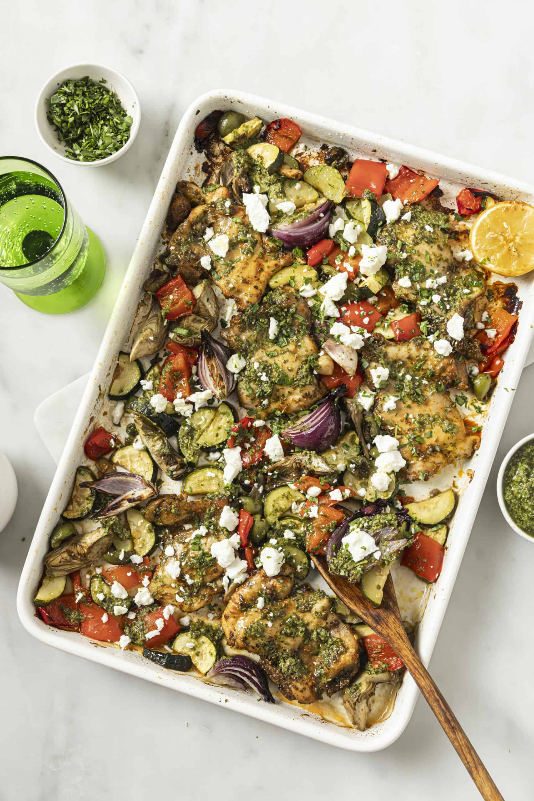 greek sheetpan chicken with vegetables and dressing