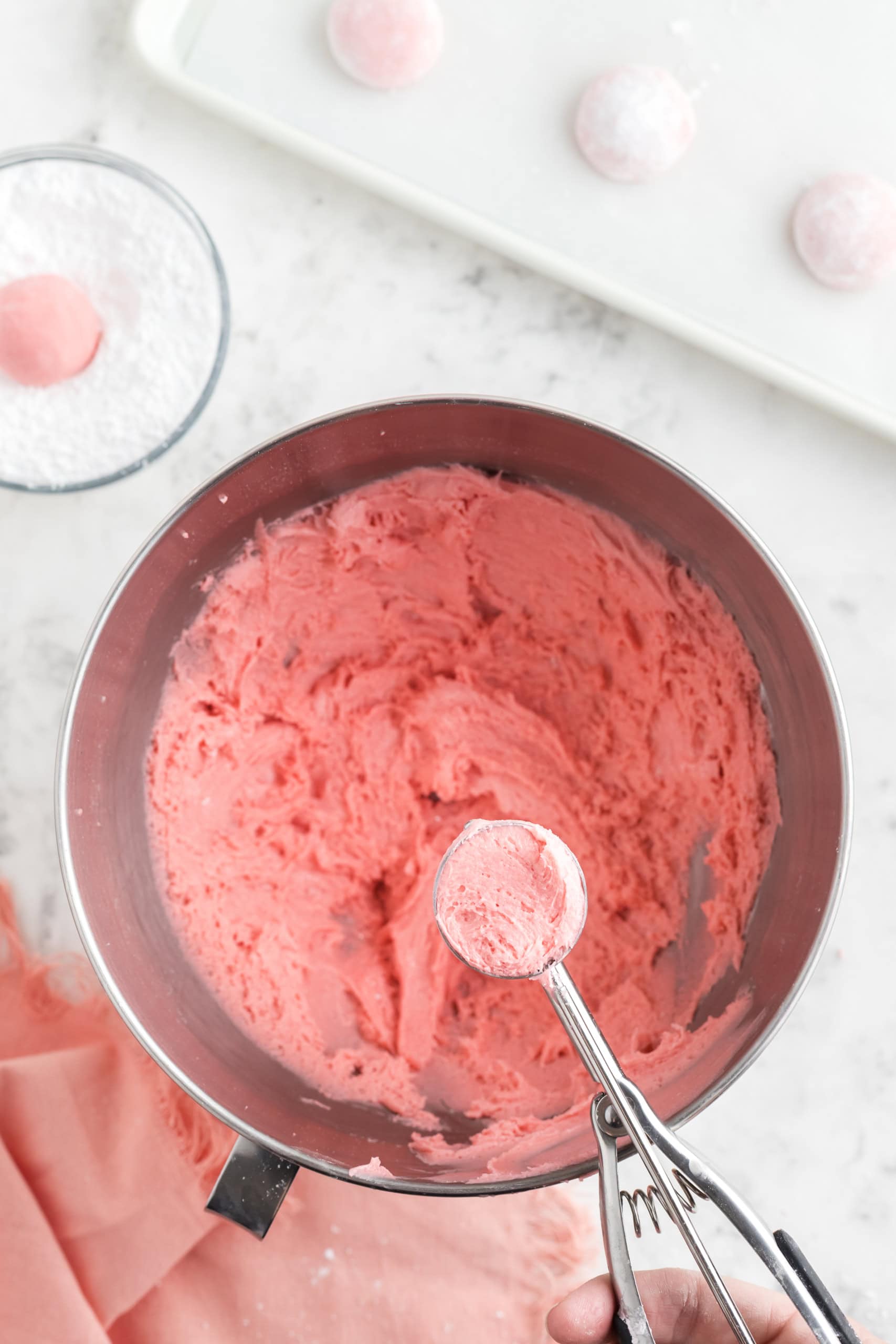 dough for cake mix cookies in bowl with spoon