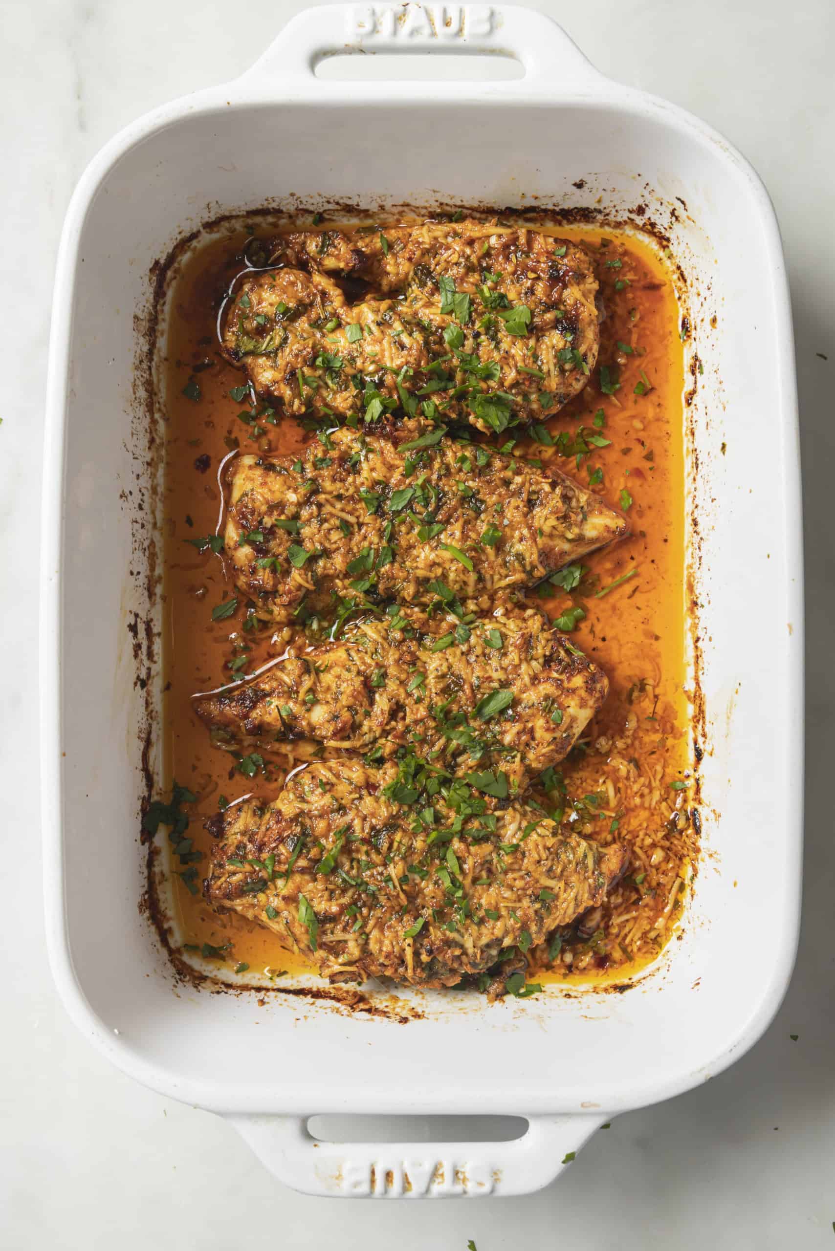 parmesan chicken in a casserole dish