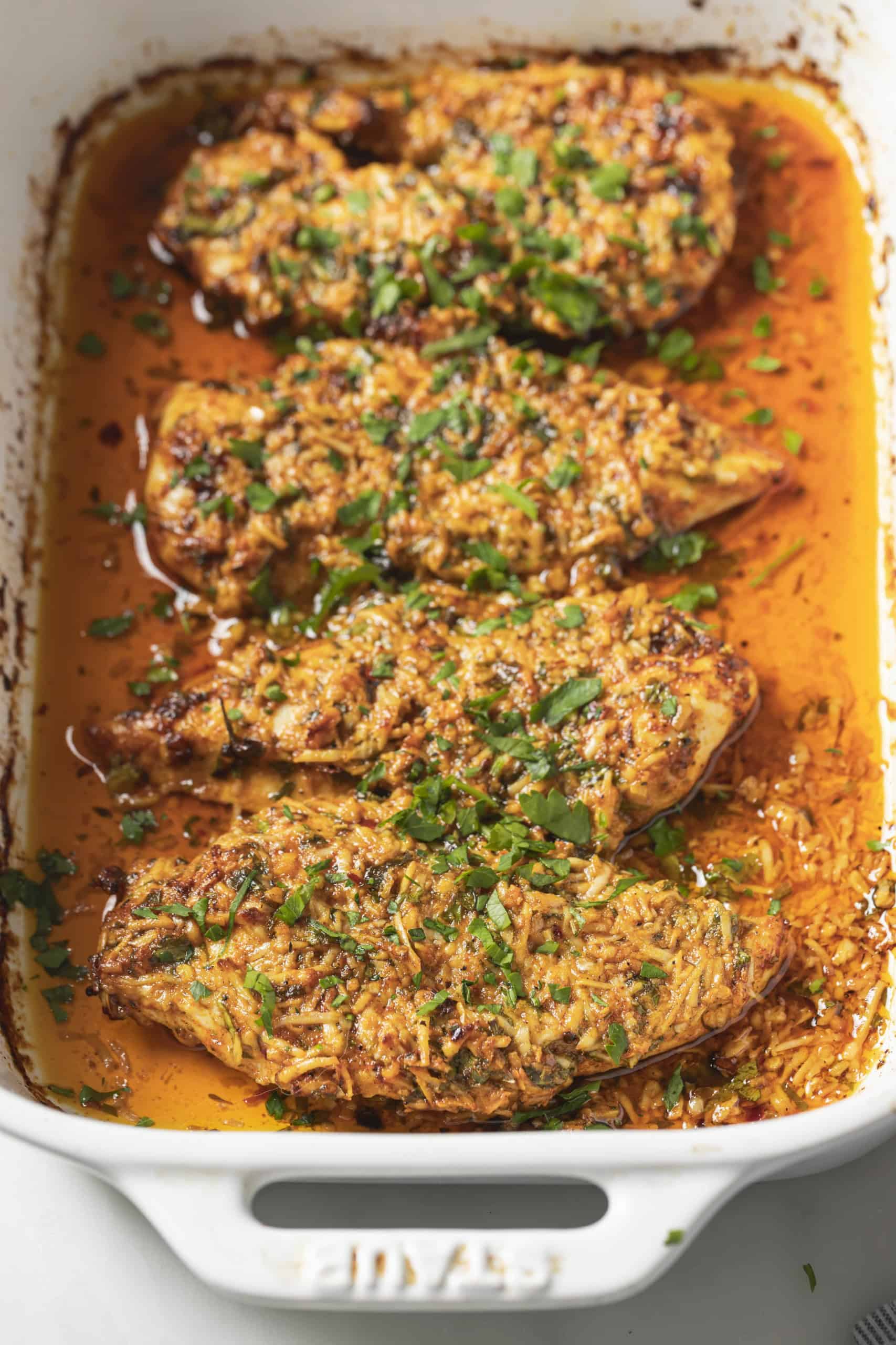 parmesan chicken in a casserole dish