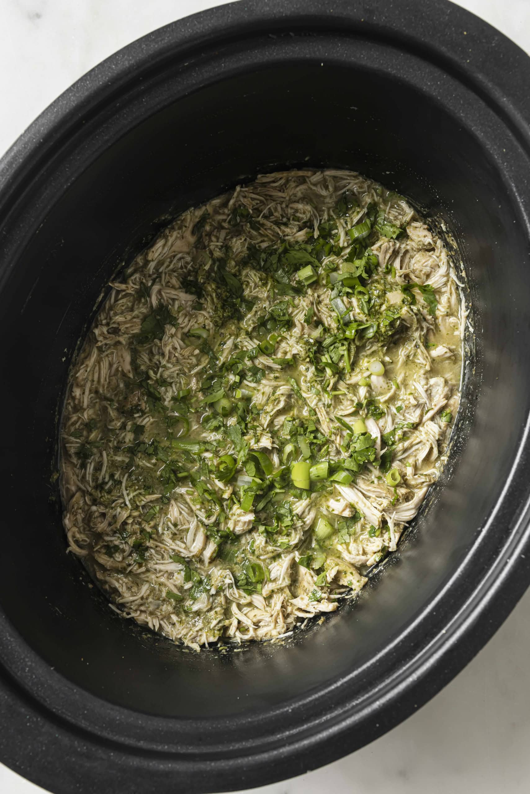 shredded chicken back into slow cooker with chicken stock