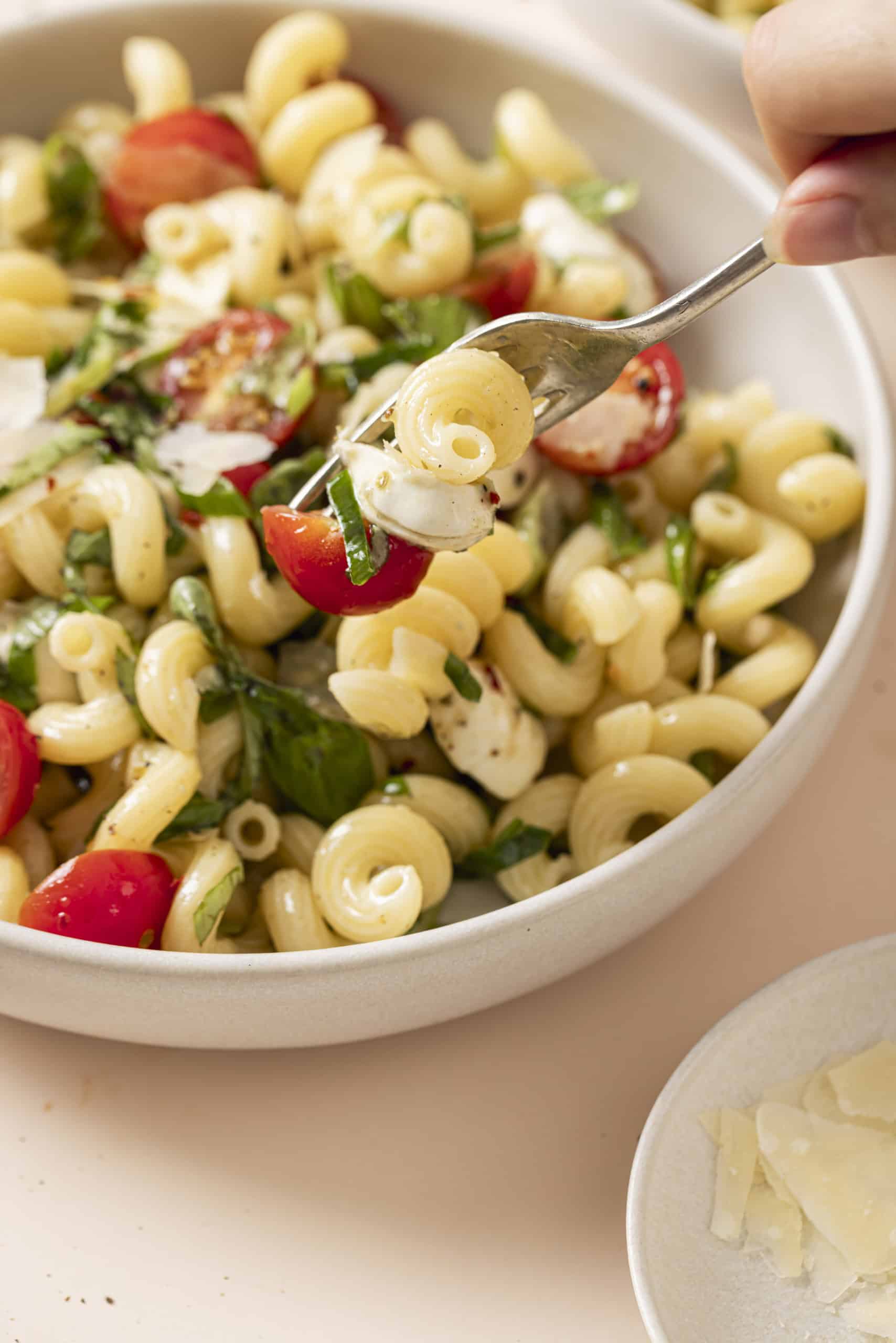 close up bite of pasta salad