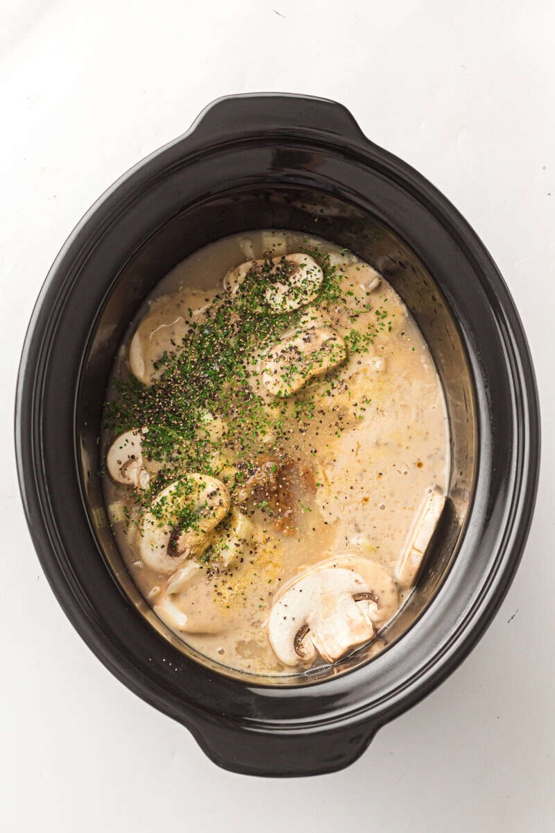 broth and beef in crockpot