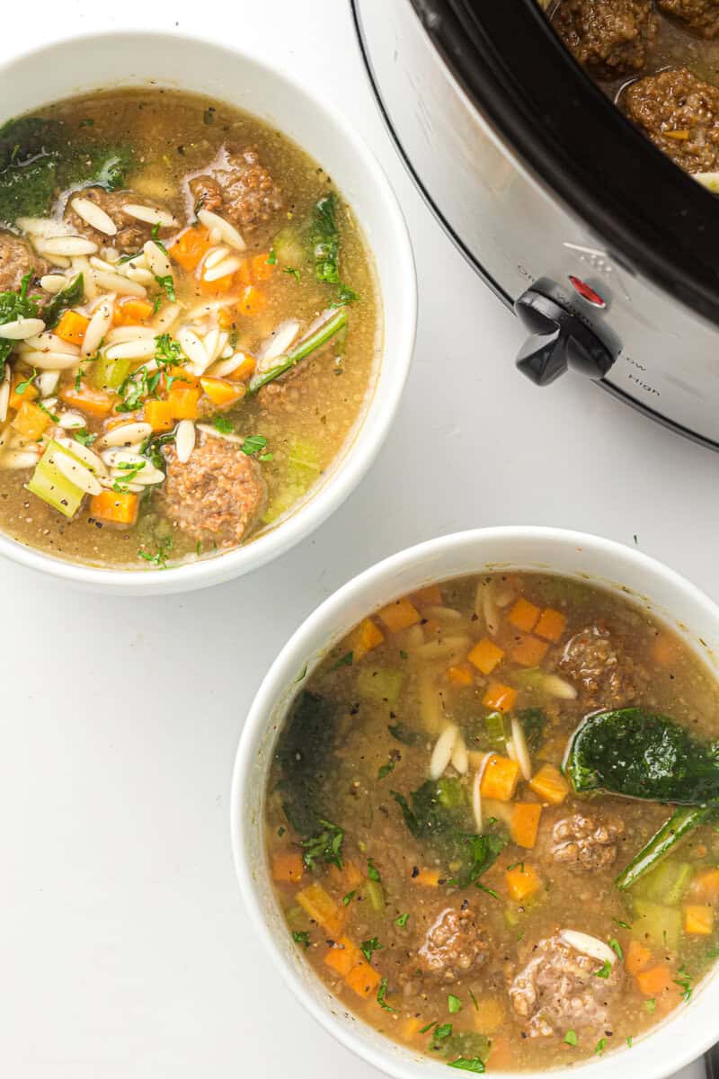 two bowls of slow cooker wedding soup