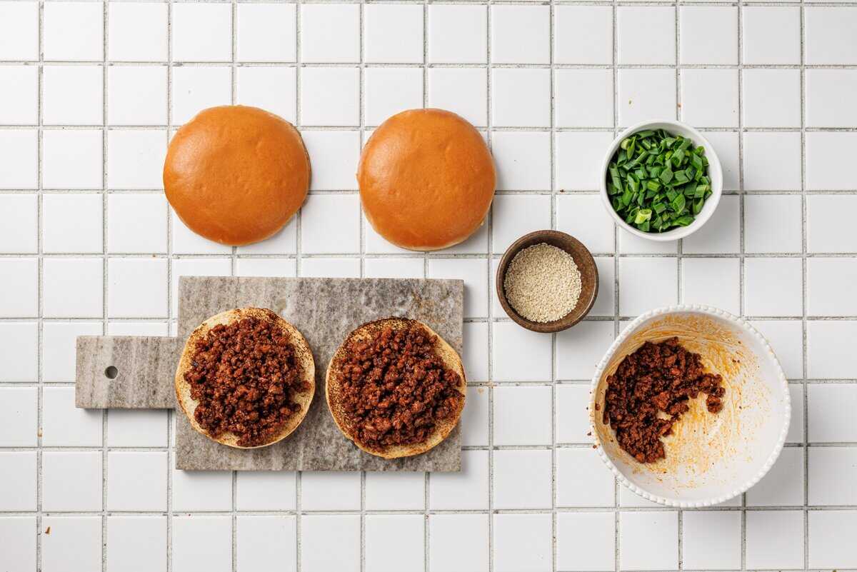 ground beef added to buns
