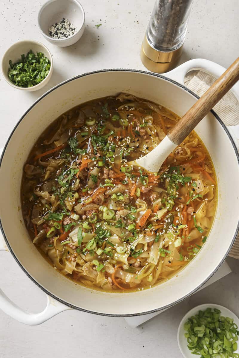 finished egg roll soup in a dutch oven 
