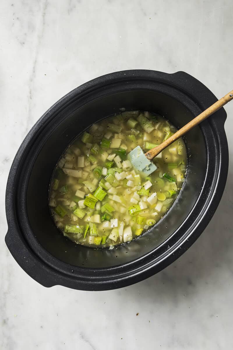 celery onions and broth in the slow cooker
