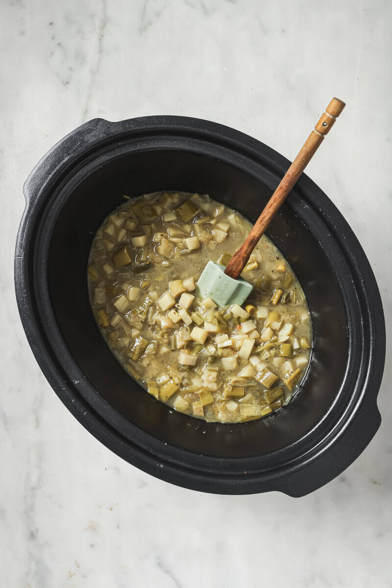 beans, broth and vegetables in the crockpot