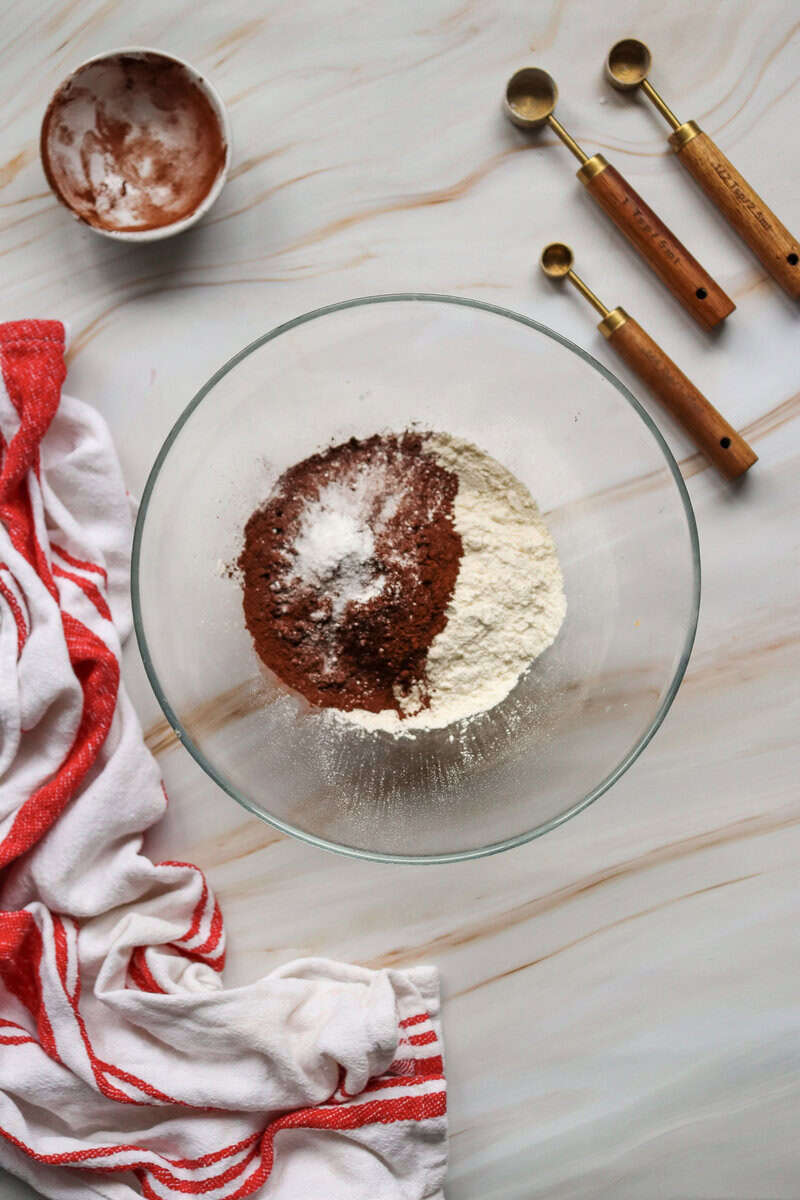 dry ingredients in a bowl for chocolate loaf cake