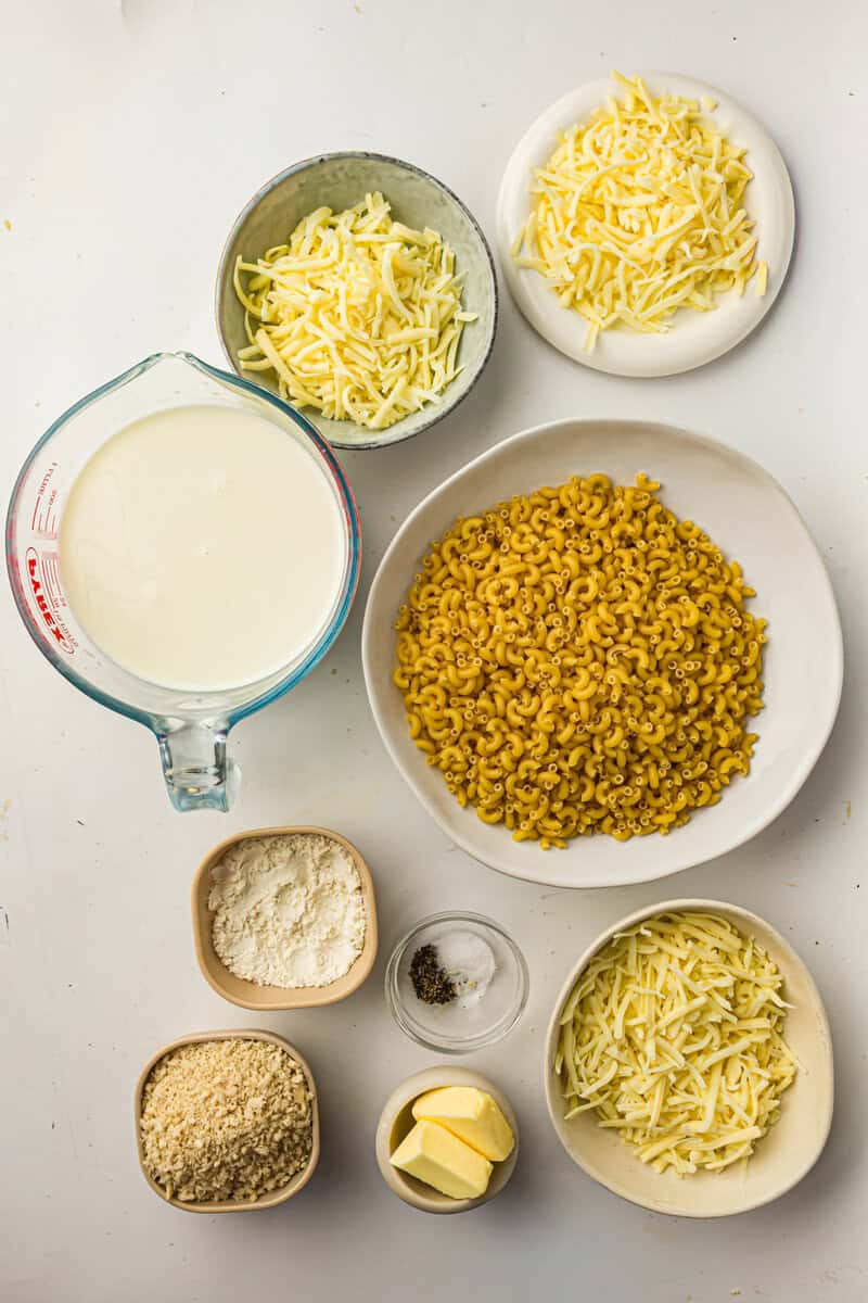 cheese, noodles and breadcrumbs for macaroni and cheese
