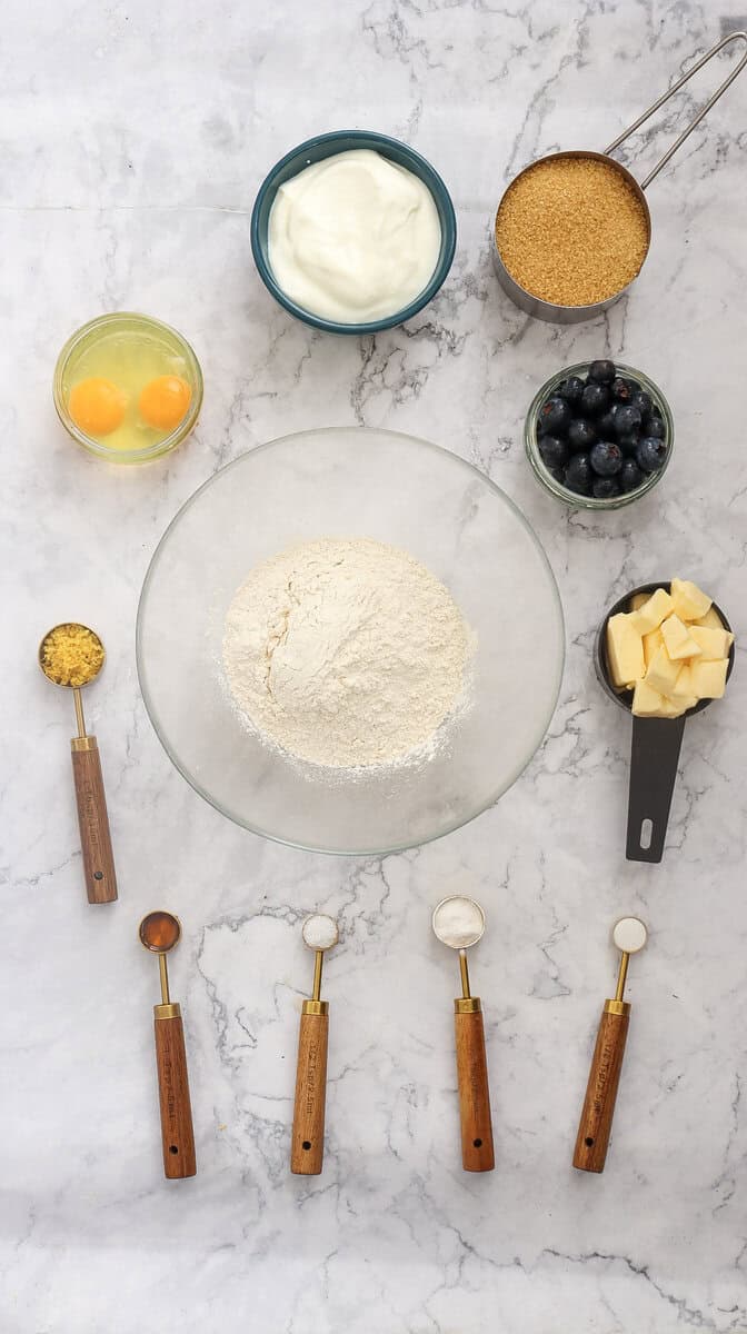 ingredients for lemon blueberry bundy cake