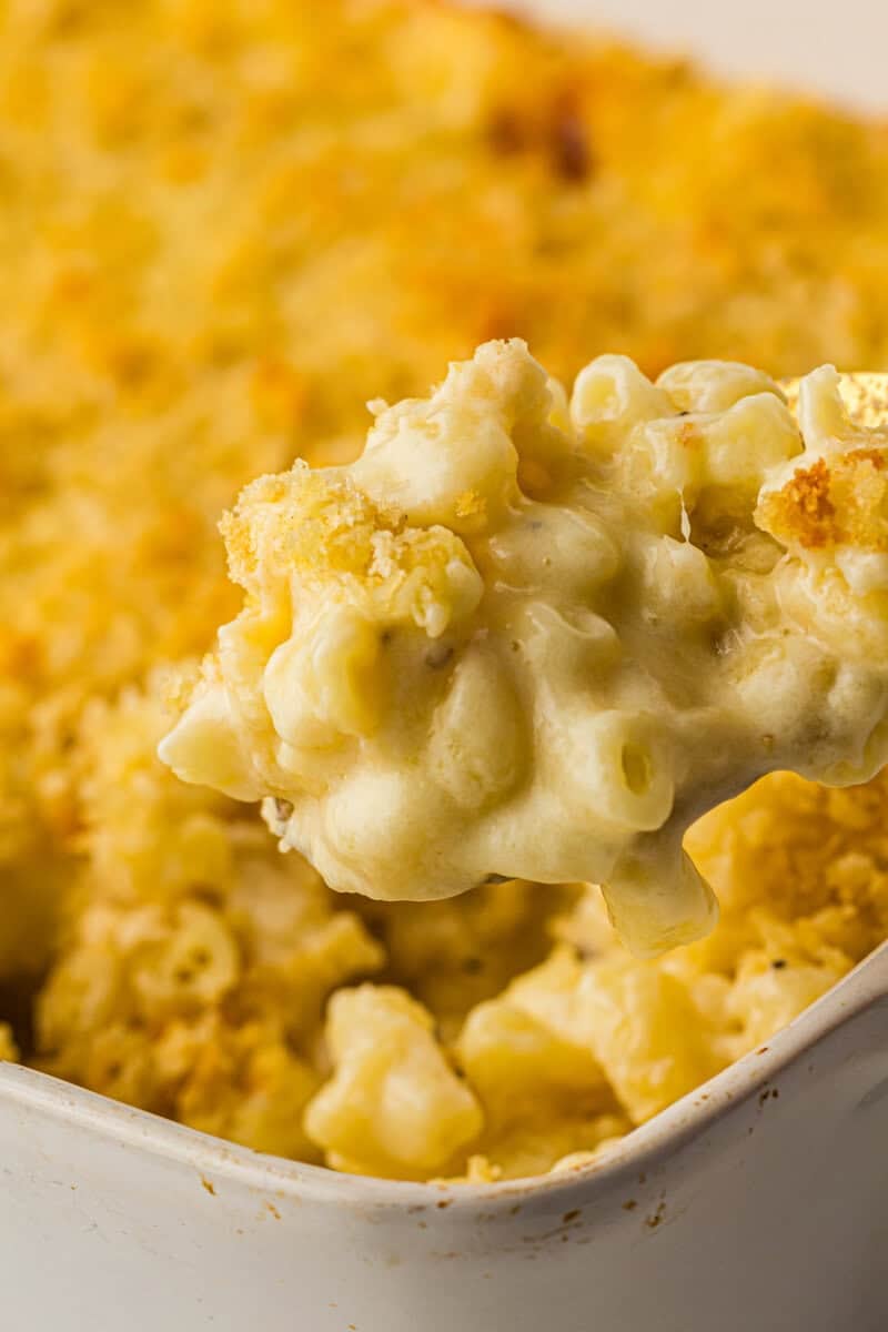 Baked mac and cheese in casserole dish 